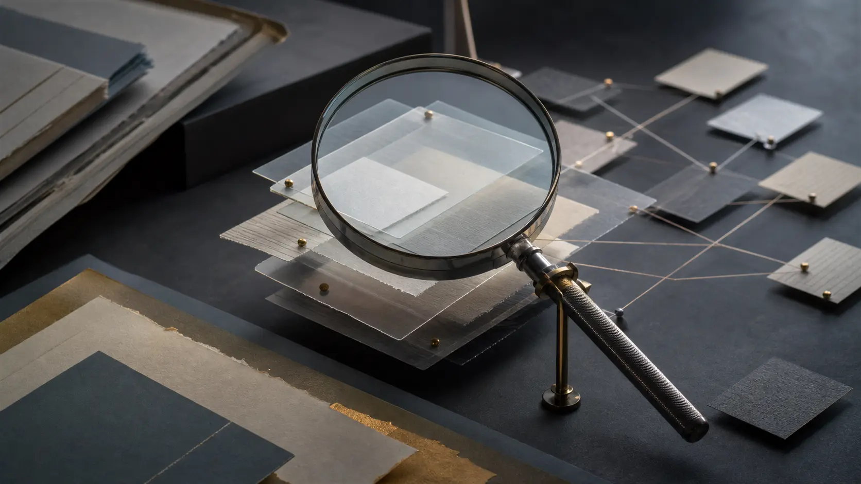 Abstract editorial image of layered documents being inspected through a glass lens.